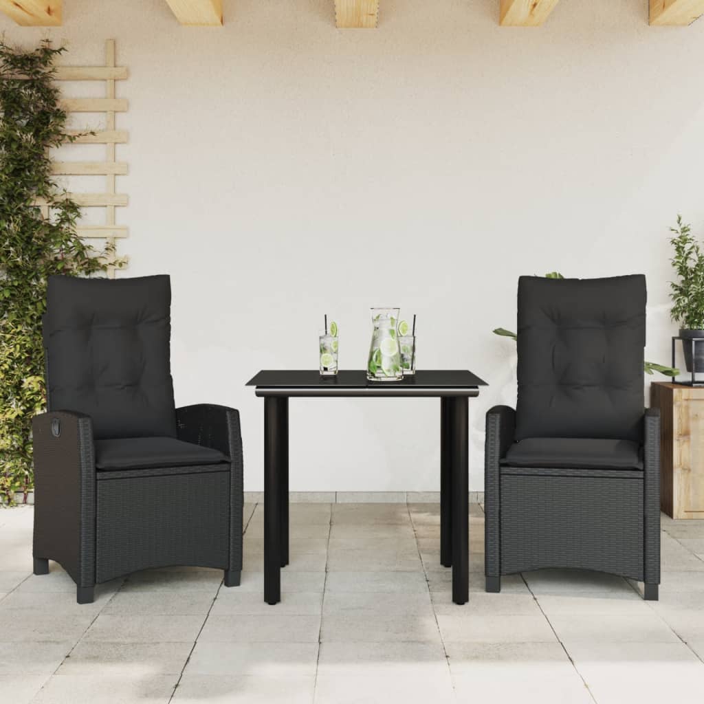 vidaXL 3-delige Tuinset met kussens poly rattan zwart