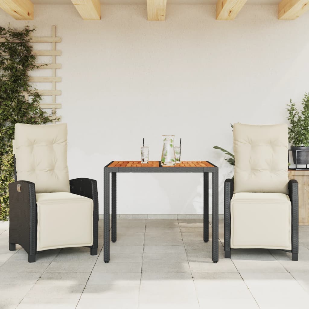 vidaXL 3-delige Tuinset met kussens poly rattan zwart