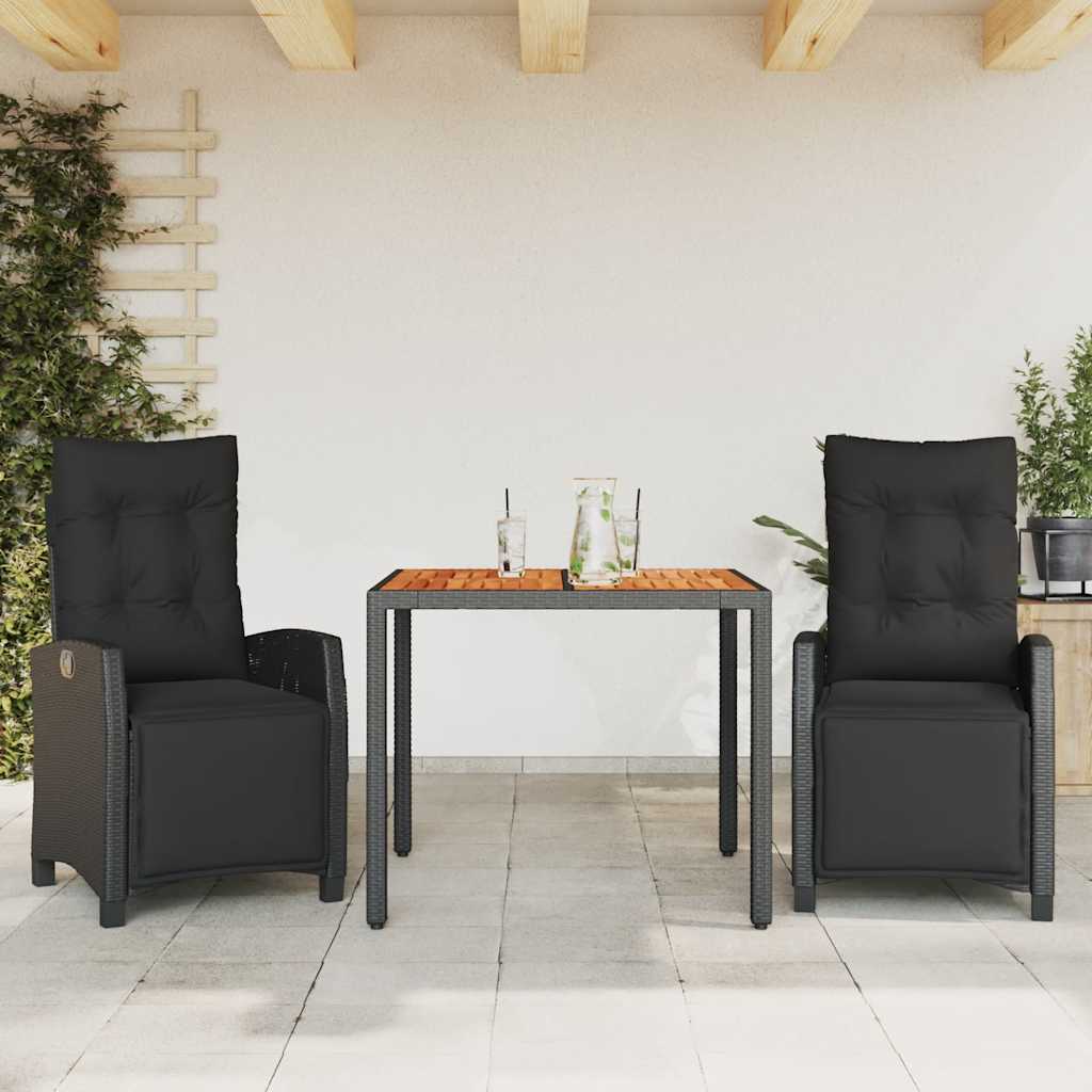 vidaXL 3-delige Tuinset met kussens poly rattan zwart