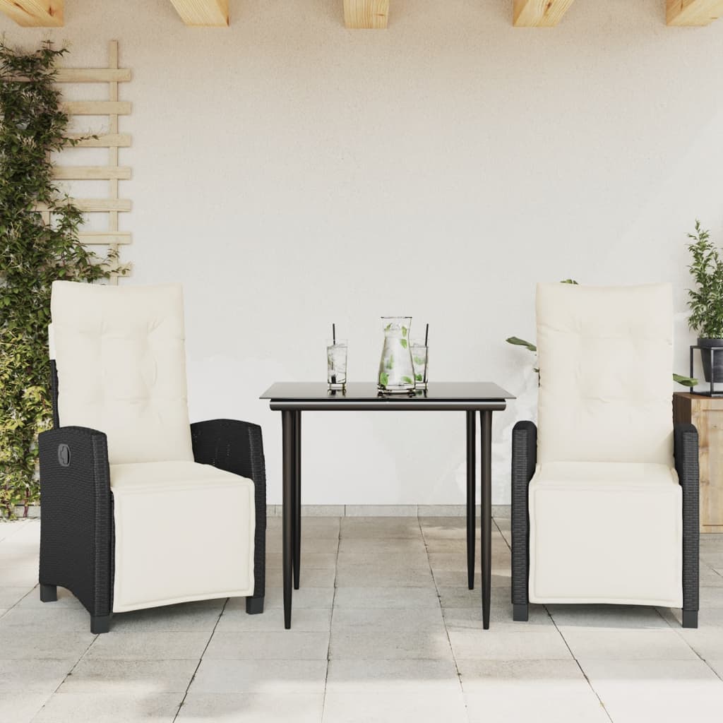 vidaXL 3-delige Tuinset met kussens poly rattan zwart