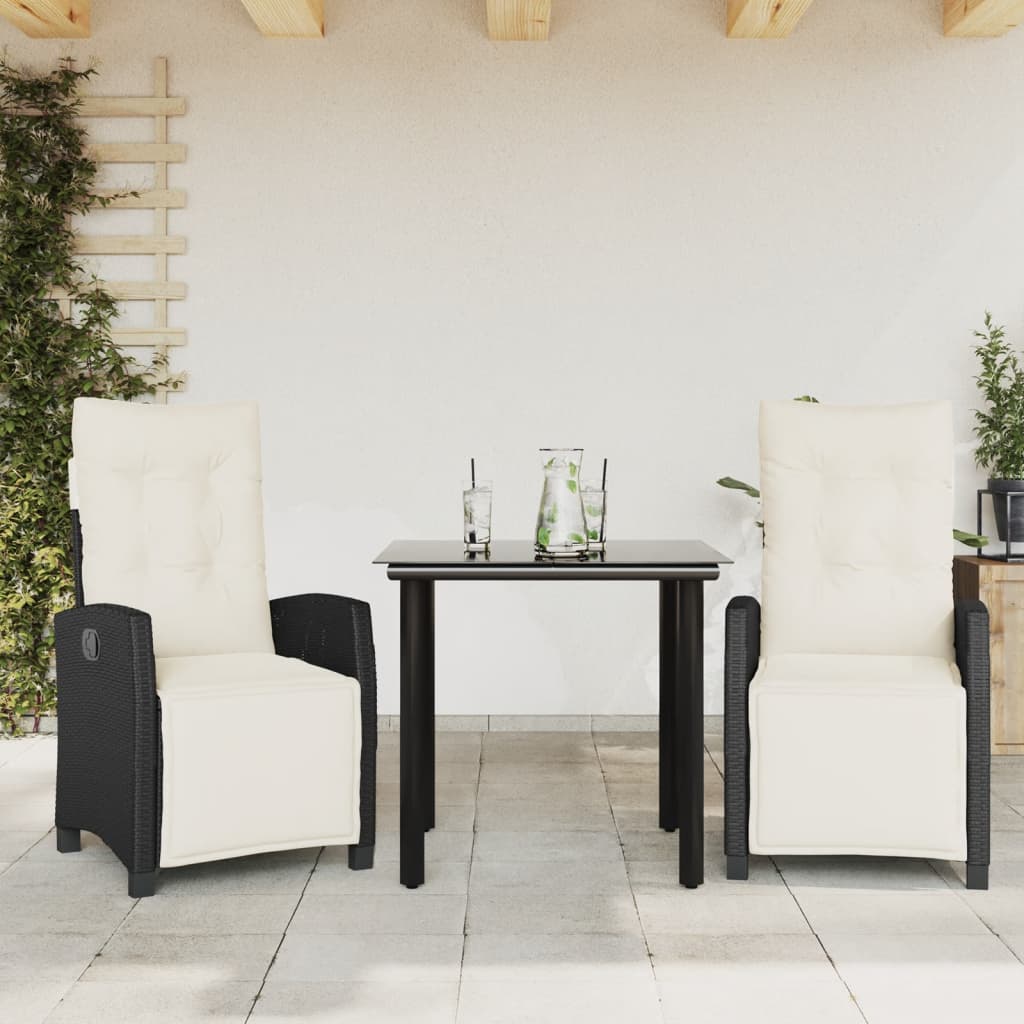 vidaXL 3-delige Tuinset met kussens poly rattan zwart