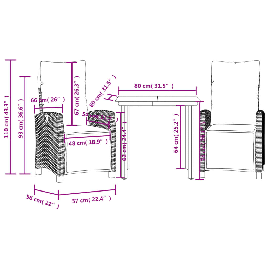 vidaXL 3-delige Tuinset met kussens poly rattan zwart