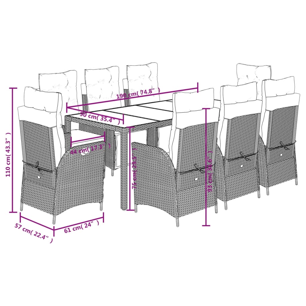 vidaXL 3-delige Tuinset met kussens poly rattan grijs