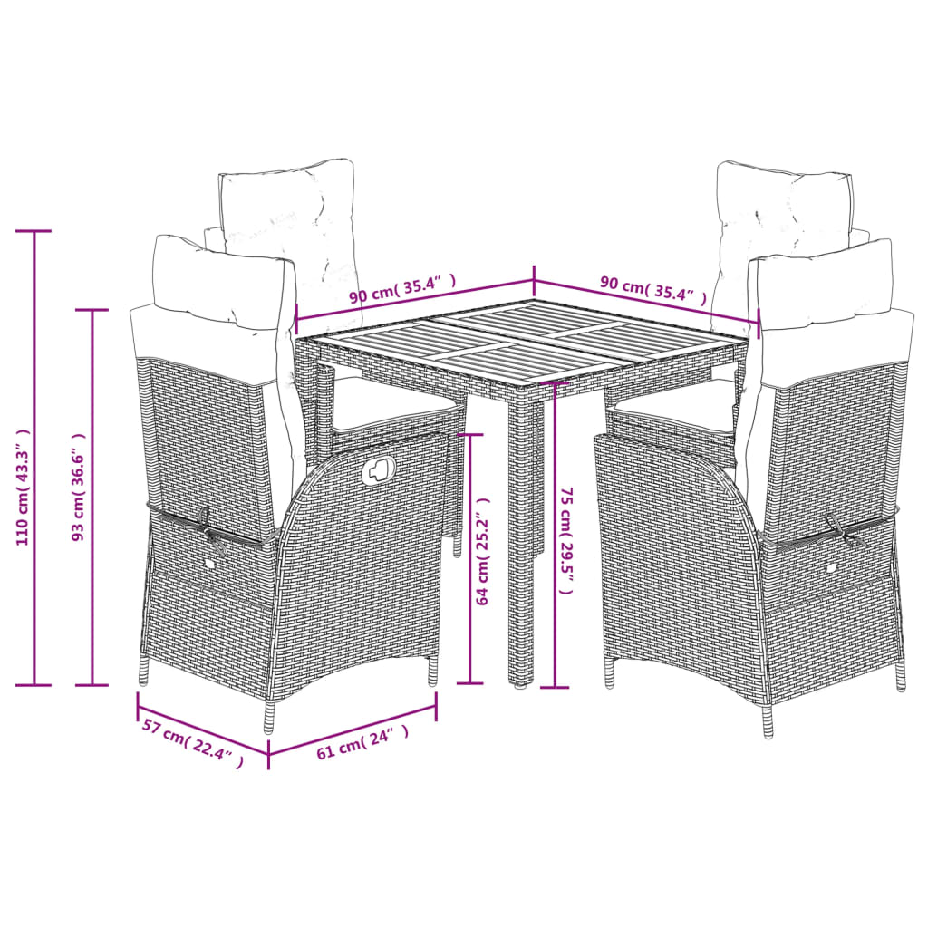 vidaXL 3-delige Tuinset met kussens poly rattan zwart