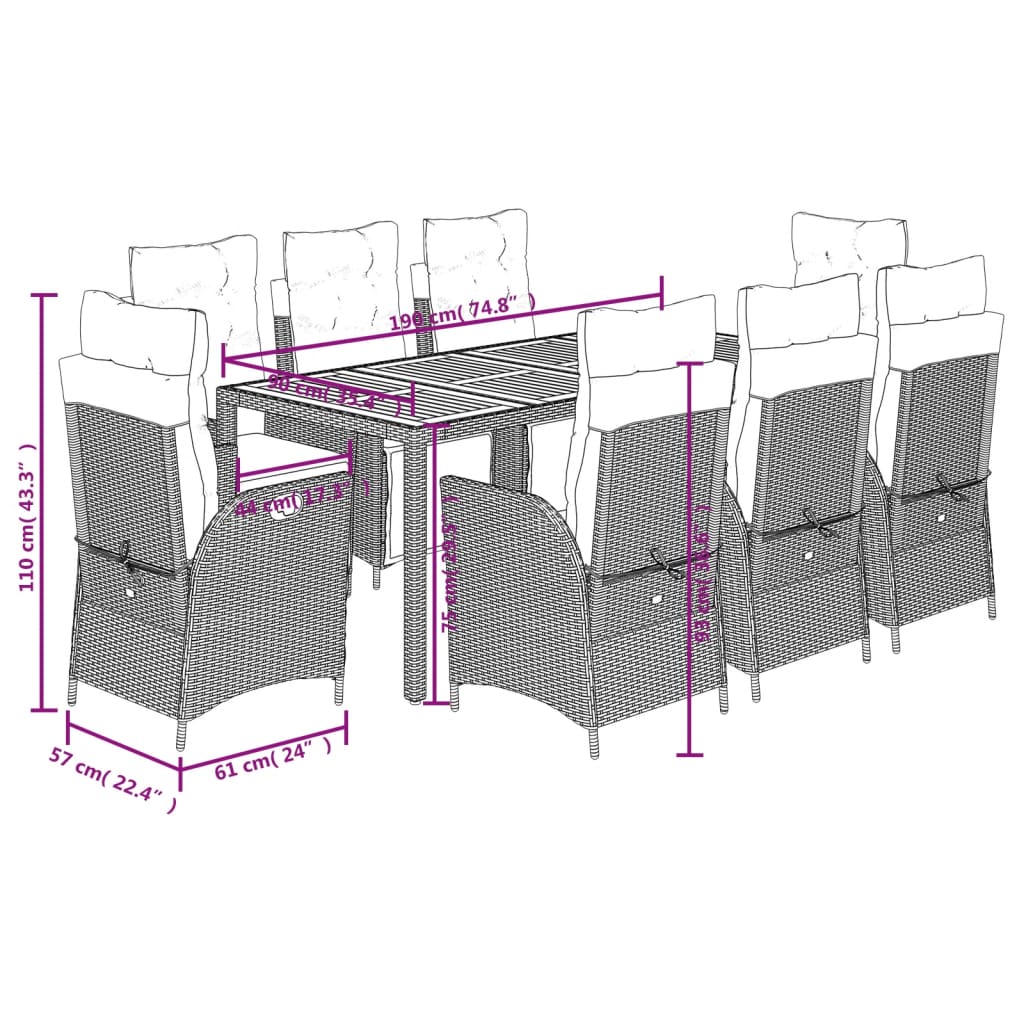 vidaXL 3-delige Tuinset met kussens poly rattan zwart