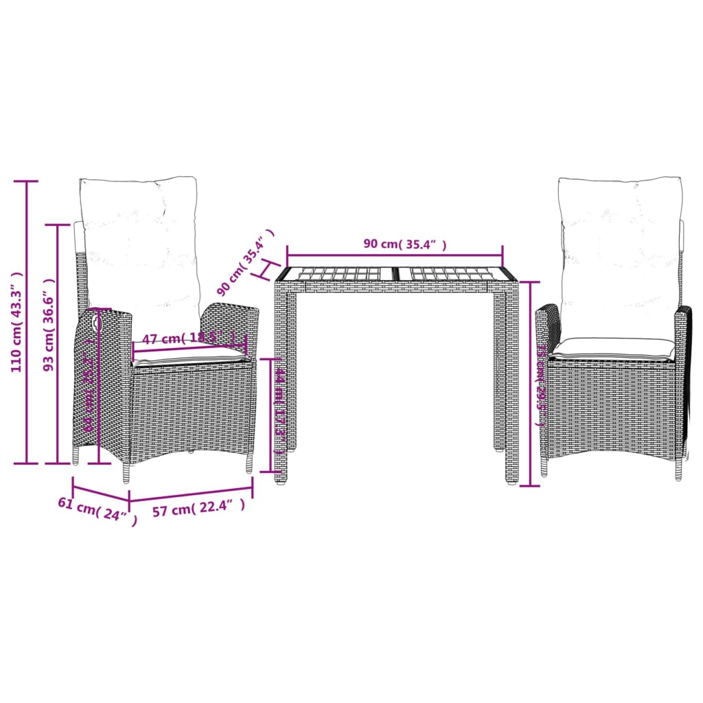 vidaXL 3-Piece Garden Lounge Set with Cushions Poly Rattan Grey