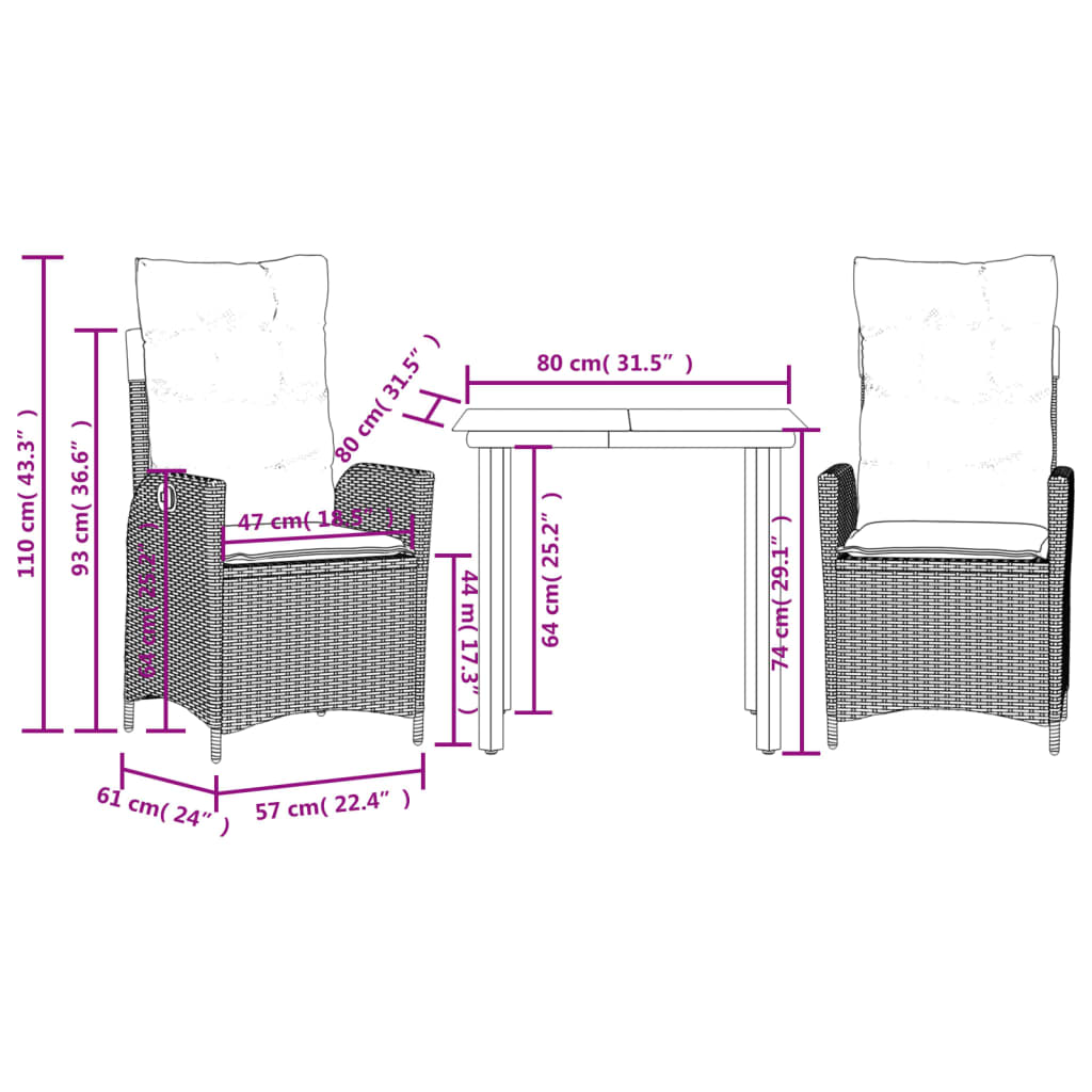 vidaXL 3-Piece Garden Lounge Set with Cushions Poly Rattan Grey