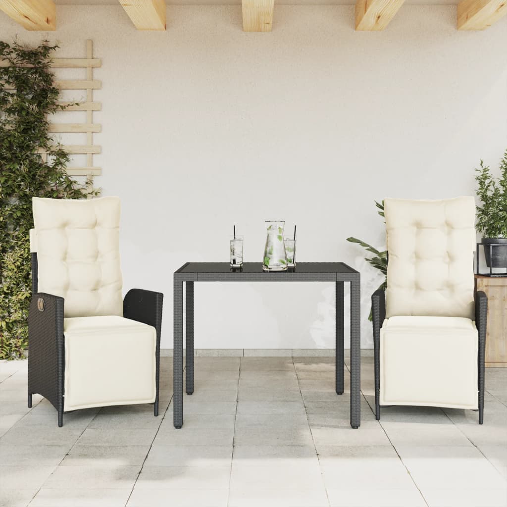 vidaXL 3-delige Tuinset met kussens poly rattan zwart