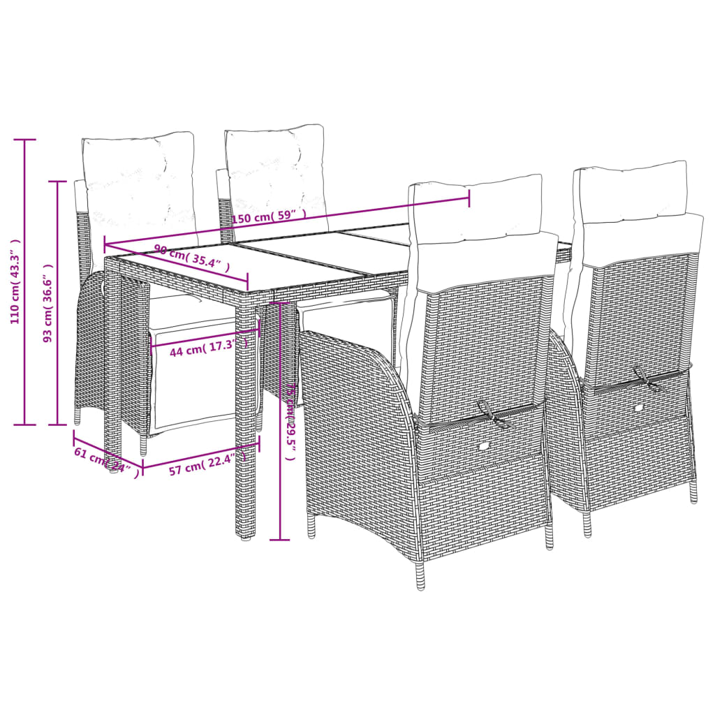 vidaXL 3-delige Tuinset met kussens poly rattan zwart