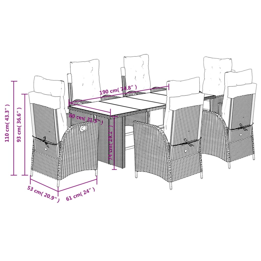 vidaXL 7-delige Tuinset met kussens poly rattan zwart