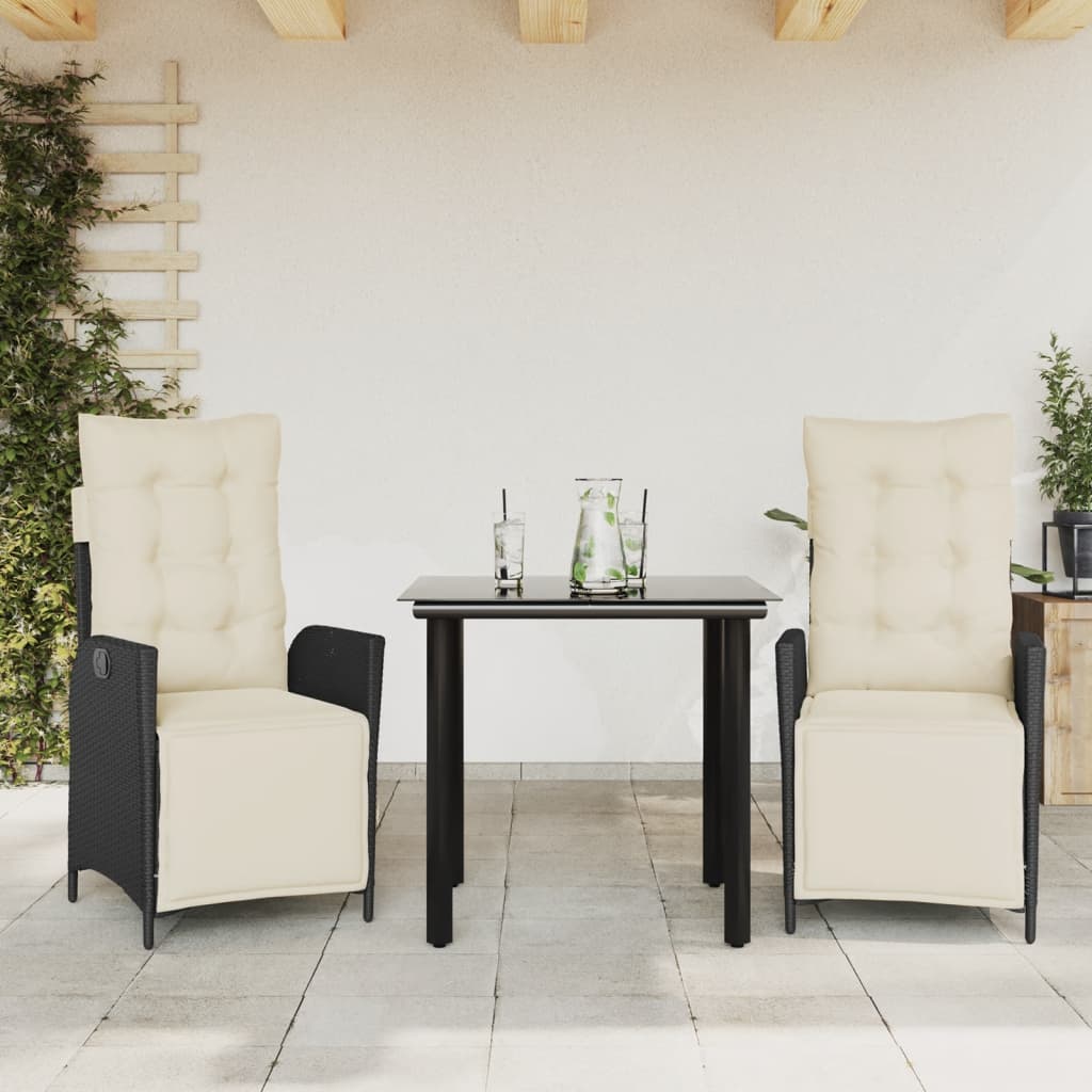 vidaXL 3-Piece Garden Lounge Set with Cushions Poly Rattan Black