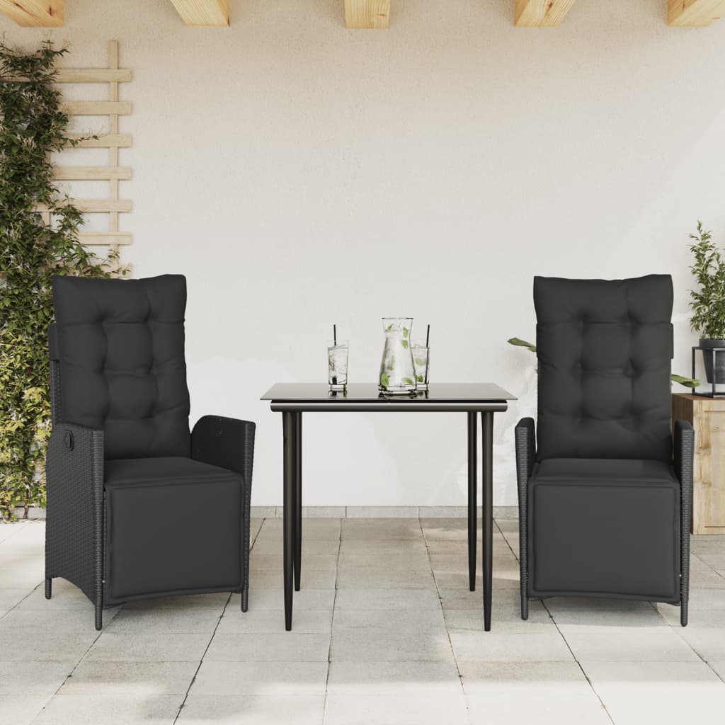 vidaXL 3-delige Tuinset met kussens poly rattan zwart