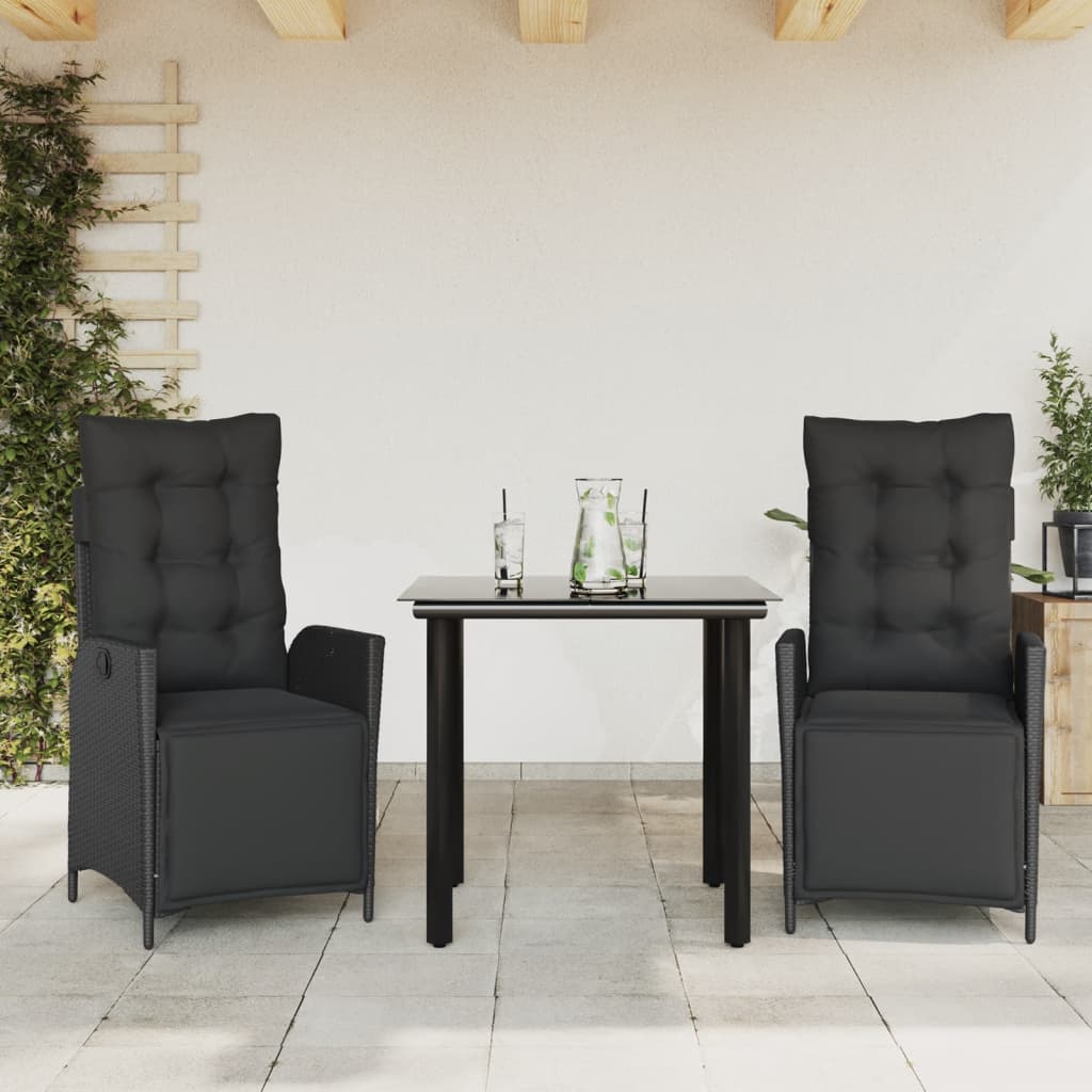 vidaXL 3-delige Tuinset met kussens poly rattan zwart
