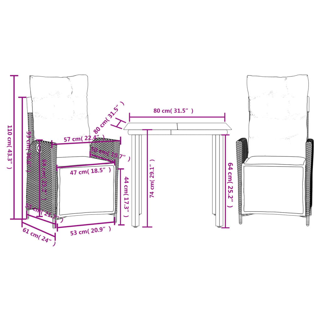 vidaXL 3-Piece Garden Lounge Set with Cushions Poly Rattan Grey