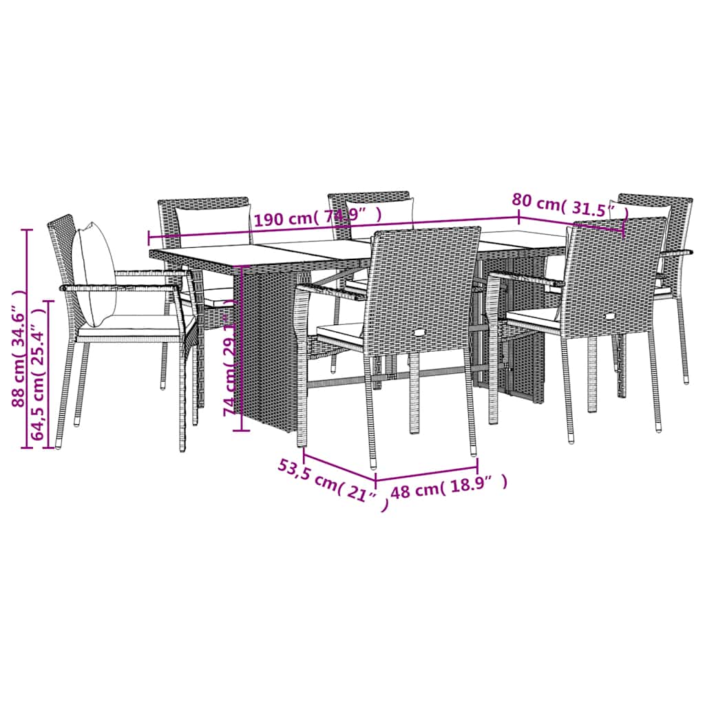 vidaXL 7-delige Tuinset met kussens poly rattan zwart
