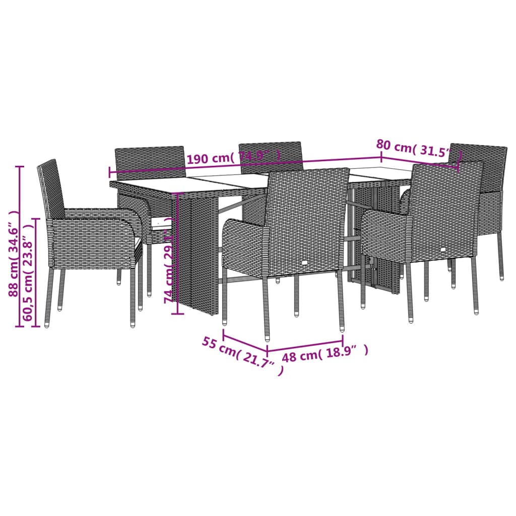 vidaXL 7-delige Tuinset met kussens poly rattan zwart