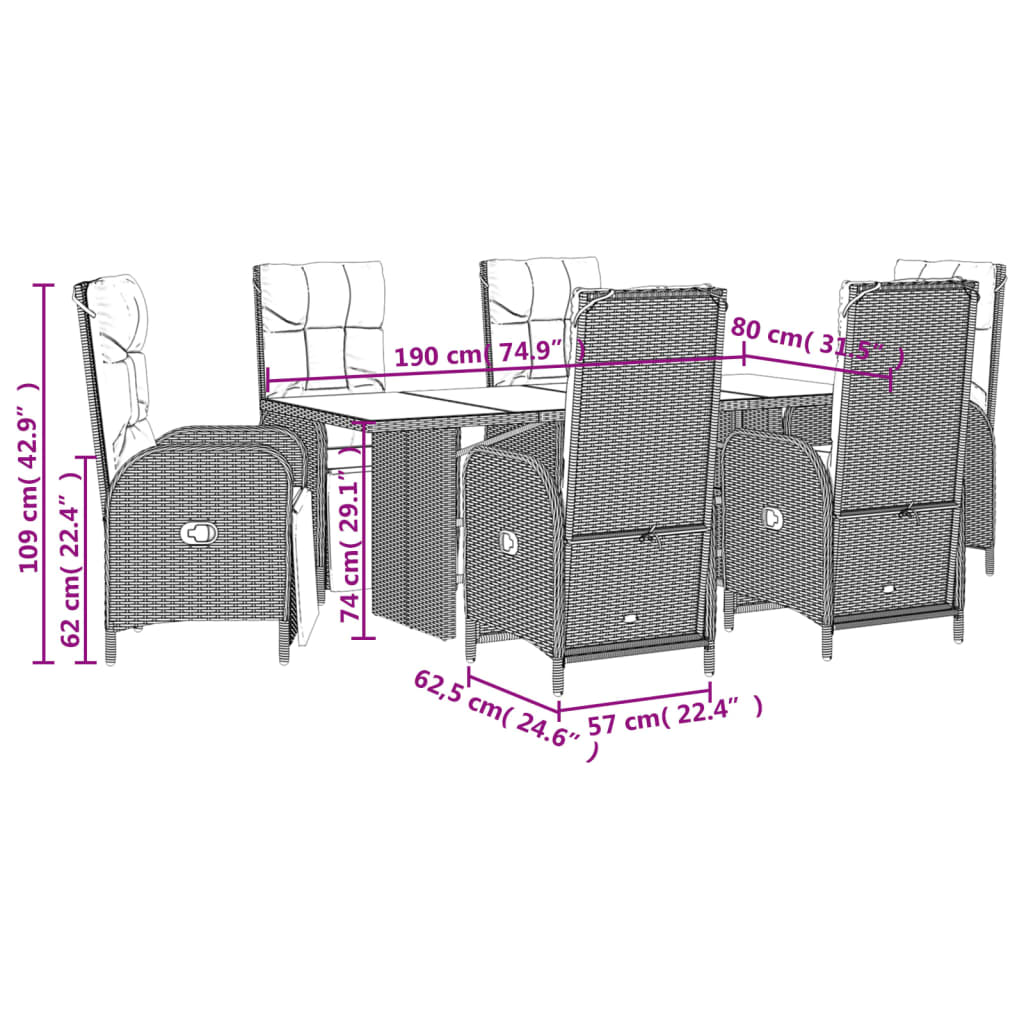 vidaXL 7-delige Tuinset met kussens poly rattan zwart