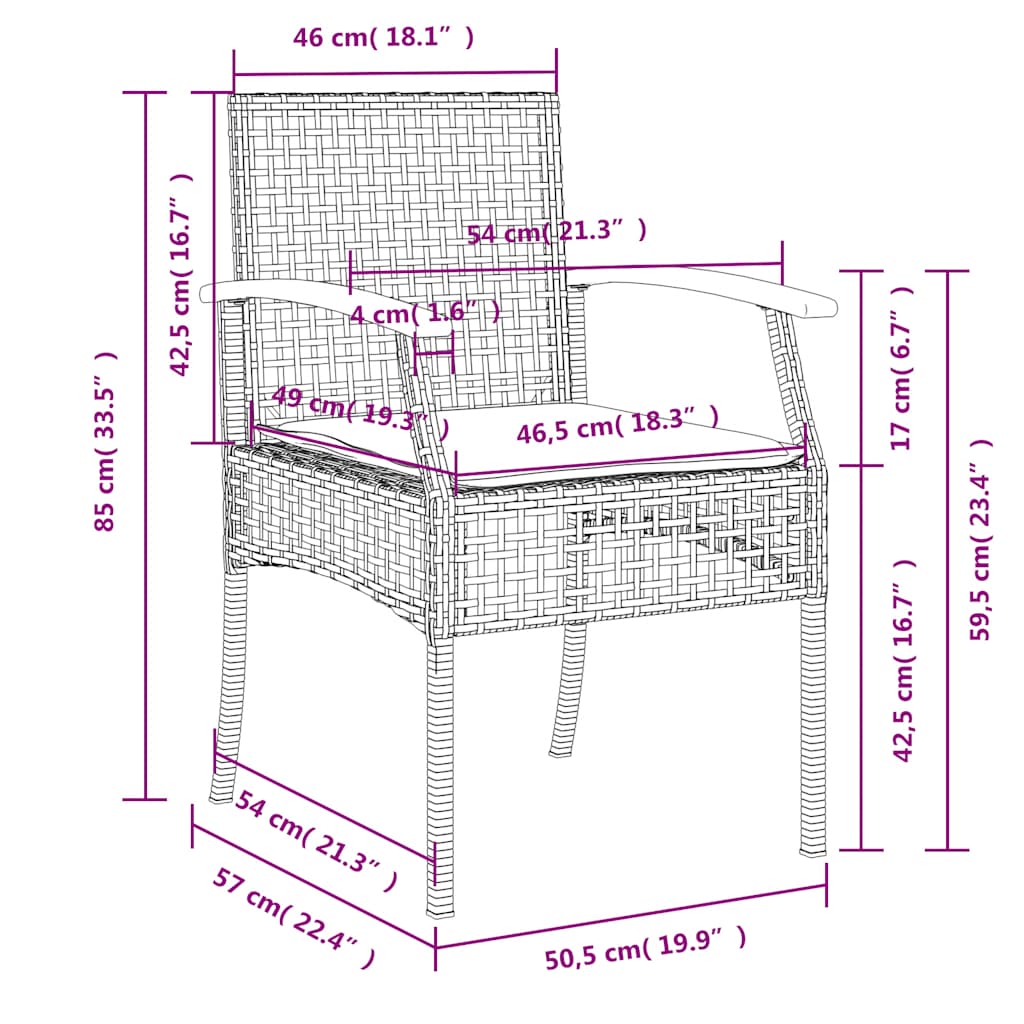 vidaXL 3-delige Tuinset met kussens poly rattan zwart