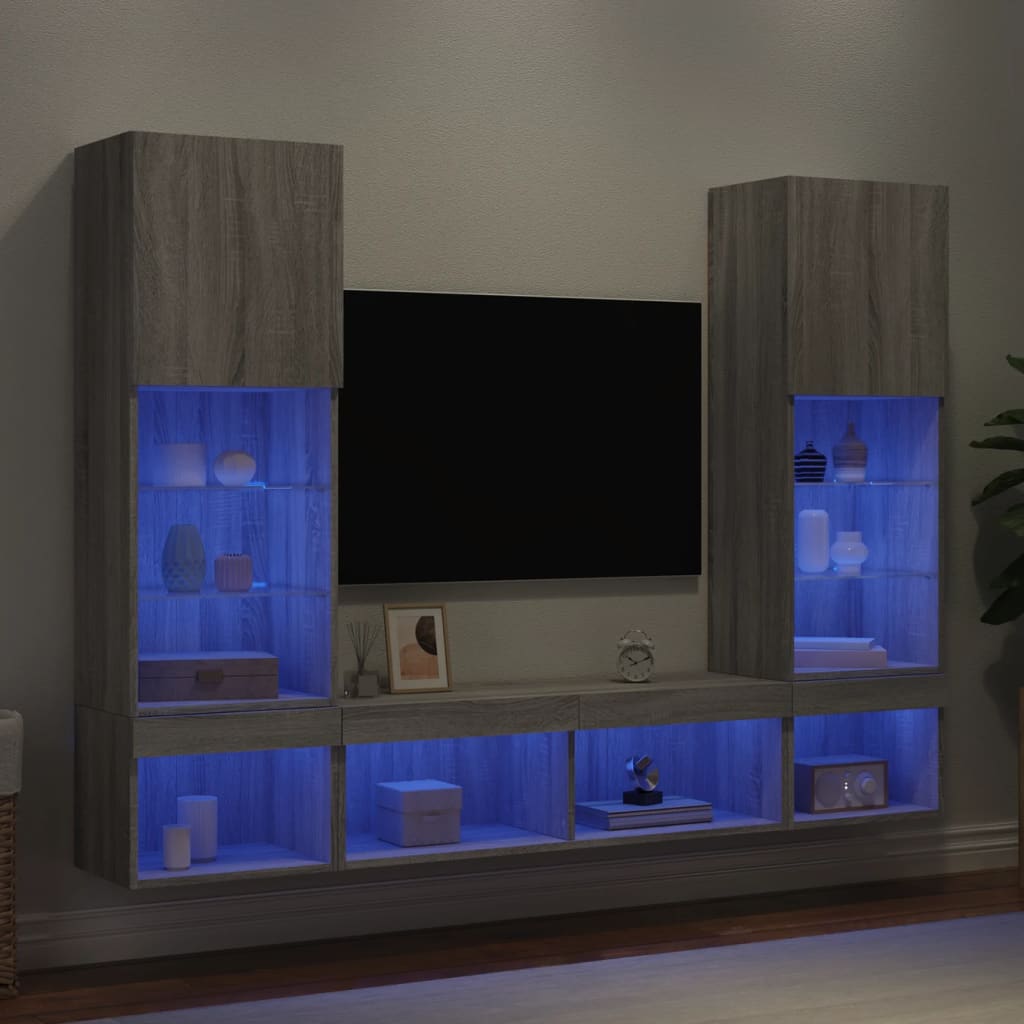 vidaXL 5-delige Tv-wandmeubelset met LED-verlichting bewerkt hout wit