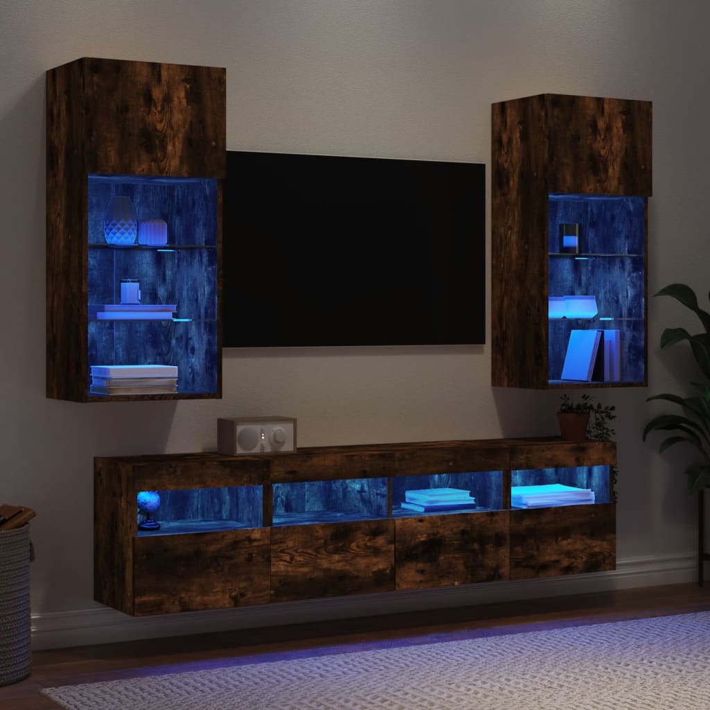 vidaXL 5-delige Tv-wandmeubelset met LED-verlichting bewerkt hout wit