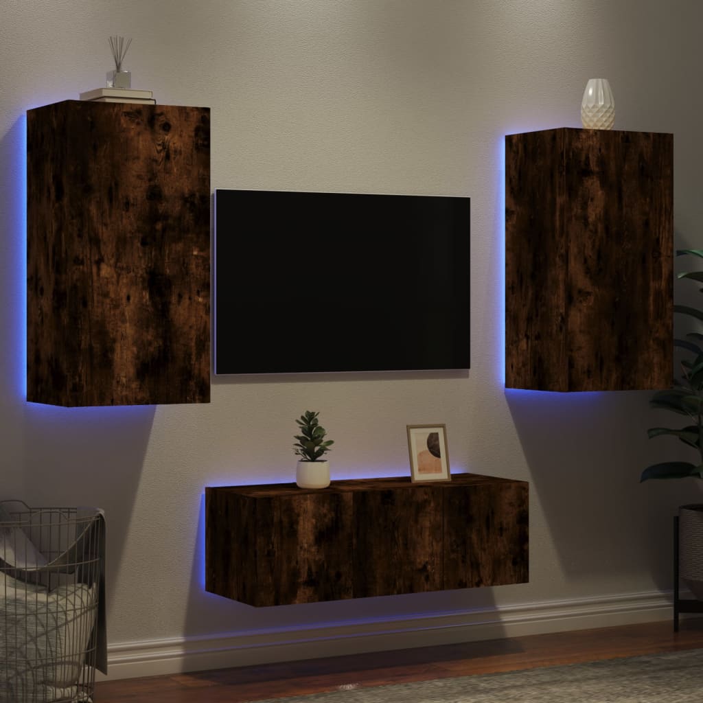 vidaXL 4-delige Tv-wandmeubelset met LED bewerkt hout betongrijs