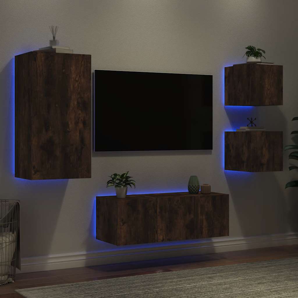 vidaXL 5-delige Tv-wandmeubelset met LED bewerkt hout betongrijs
