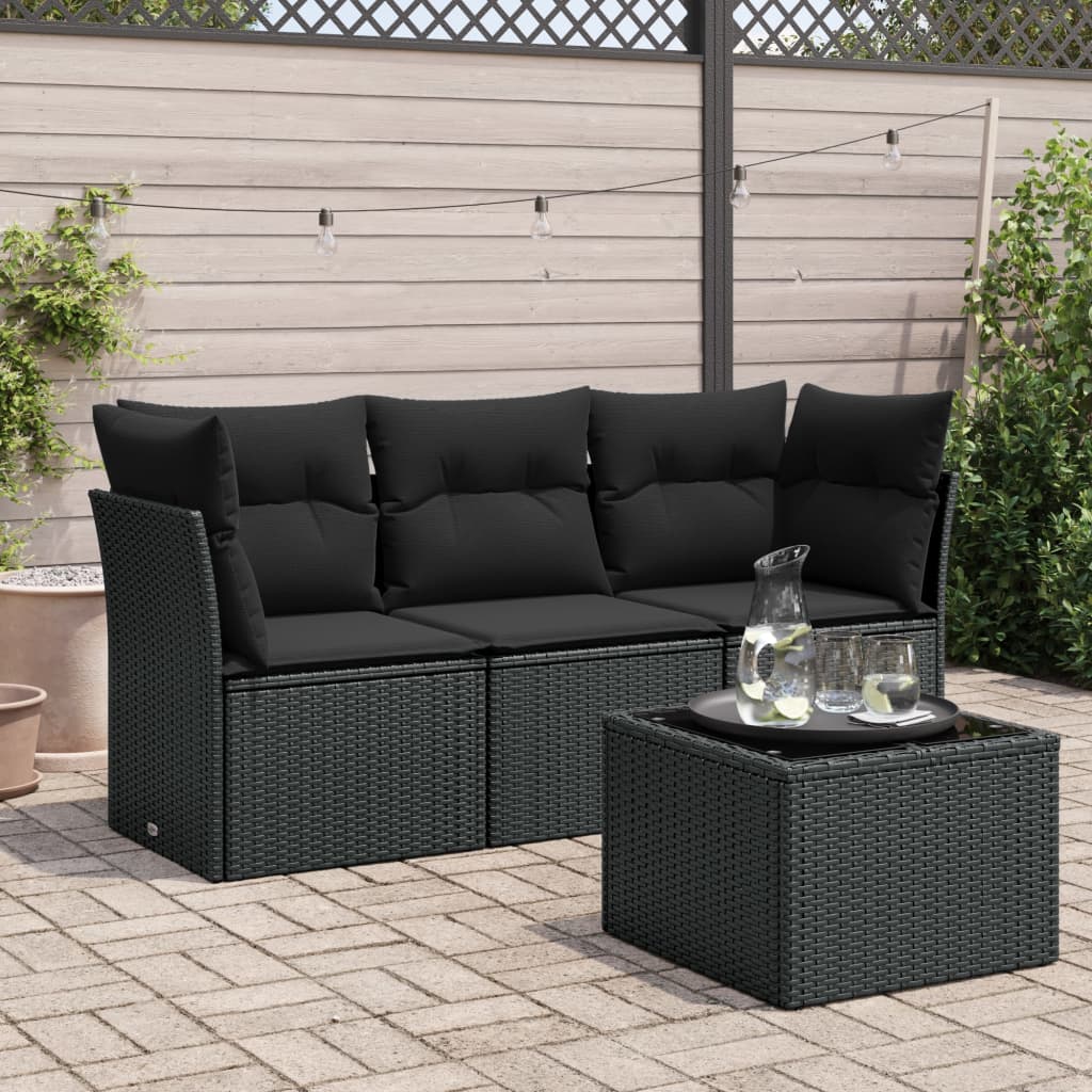 vidaXL 3-delige Loungeset met kussens poly rattan zwart