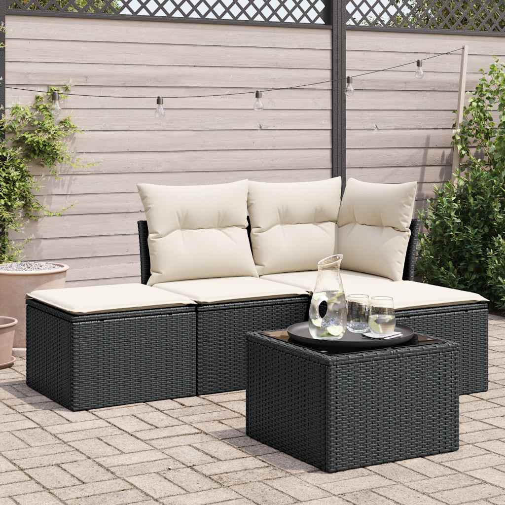 vidaXL 4-delige Loungeset met kussens poly rattan zwart