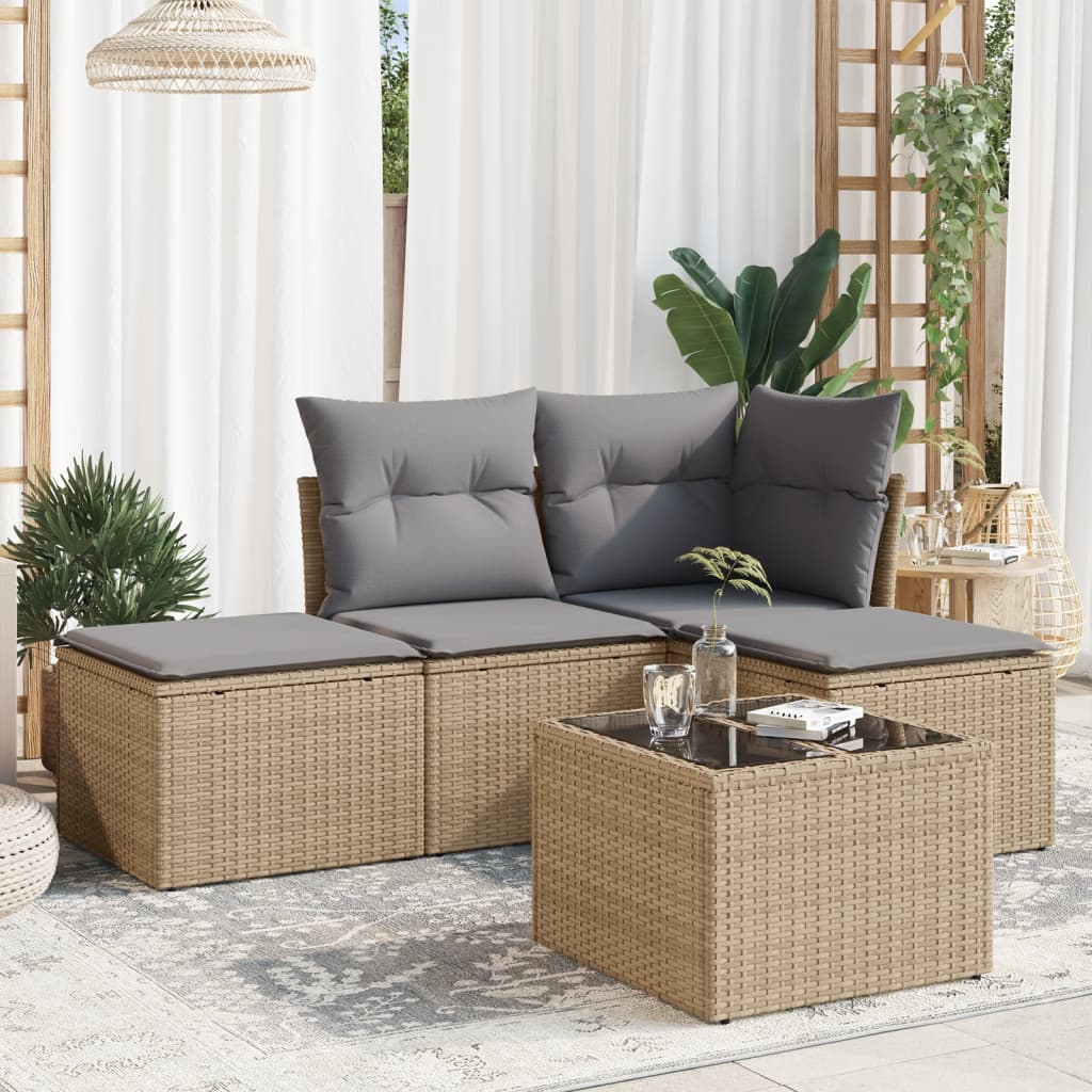 vidaXL 4-delige Loungeset met kussens poly rattan zwart