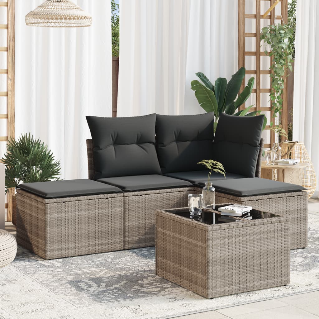 vidaXL 4-delige Loungeset met kussens poly rattan zwart