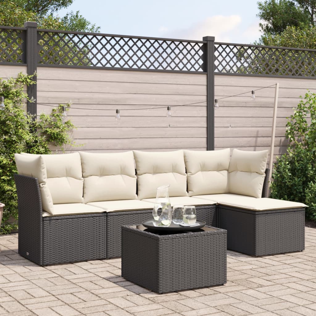 vidaXL 5-delige Loungeset met kussens poly rattan zwart