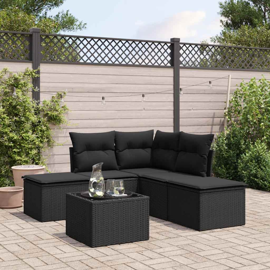 vidaXL 5-delige Loungeset met kussens poly rattan zwart
