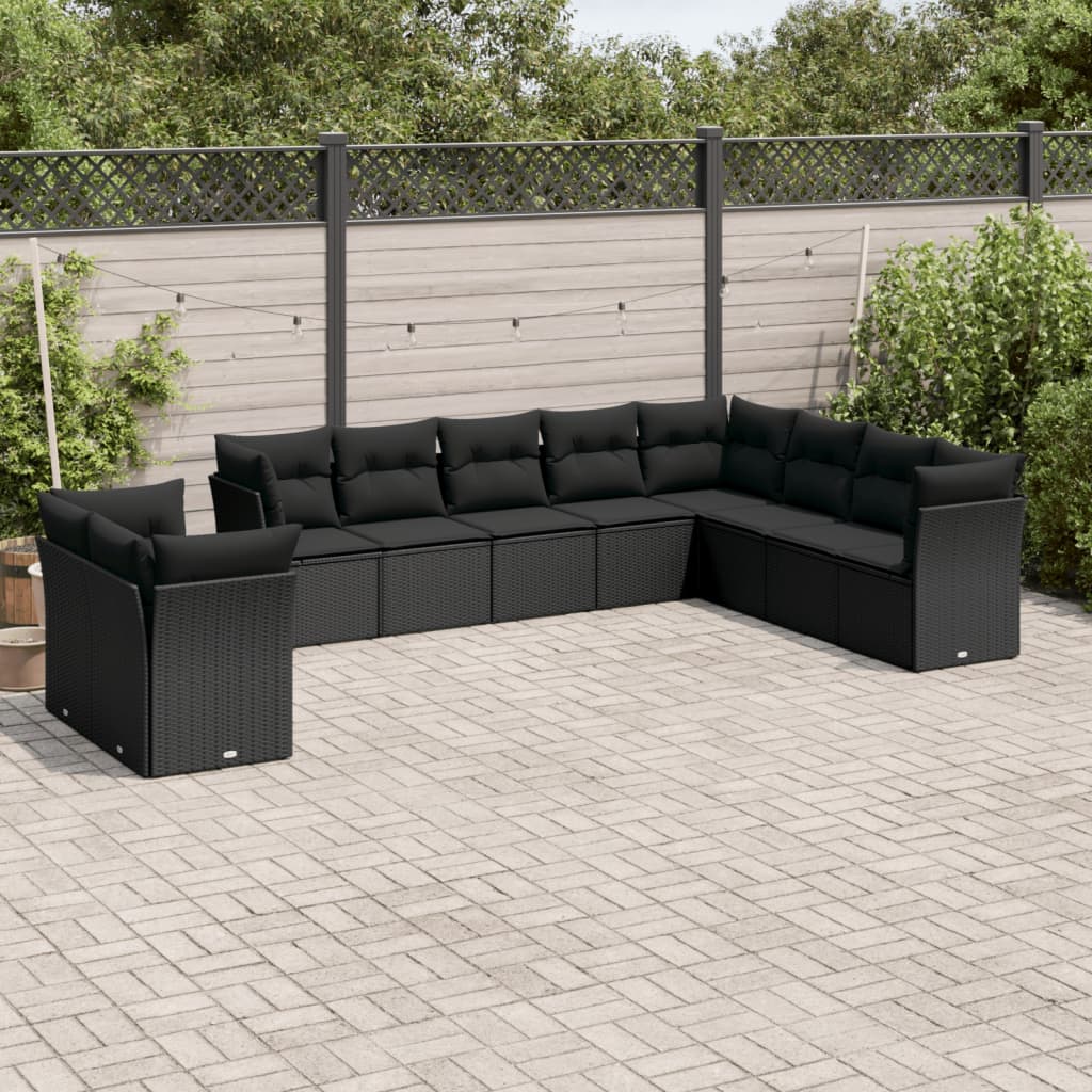 vidaXL 10-delige Loungeset met kussens poly rattan zwart