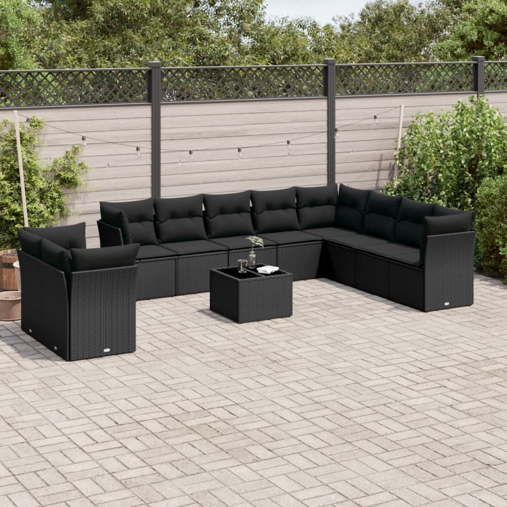 vidaXL 10-delige Loungeset met kussens poly rattan zwart
