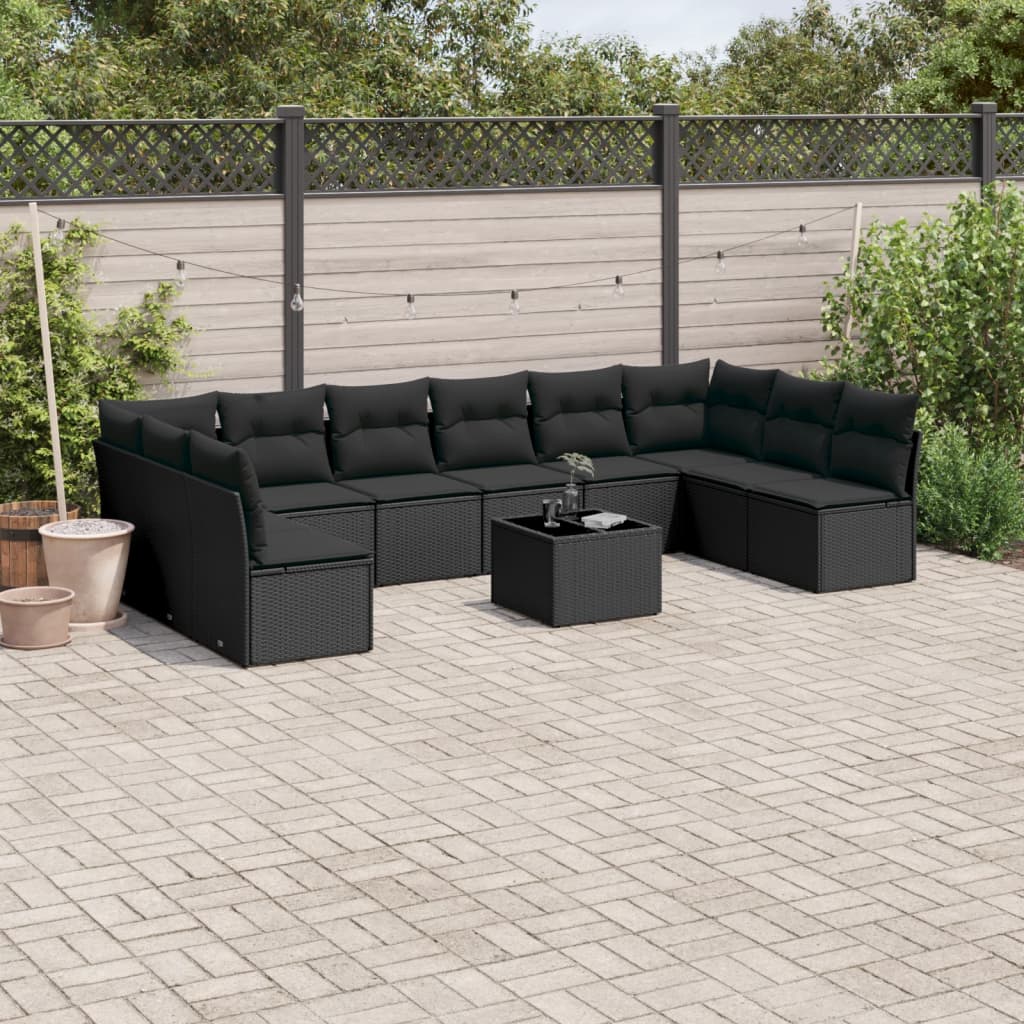 vidaXL 10-delige Loungeset met kussens poly rattan zwart