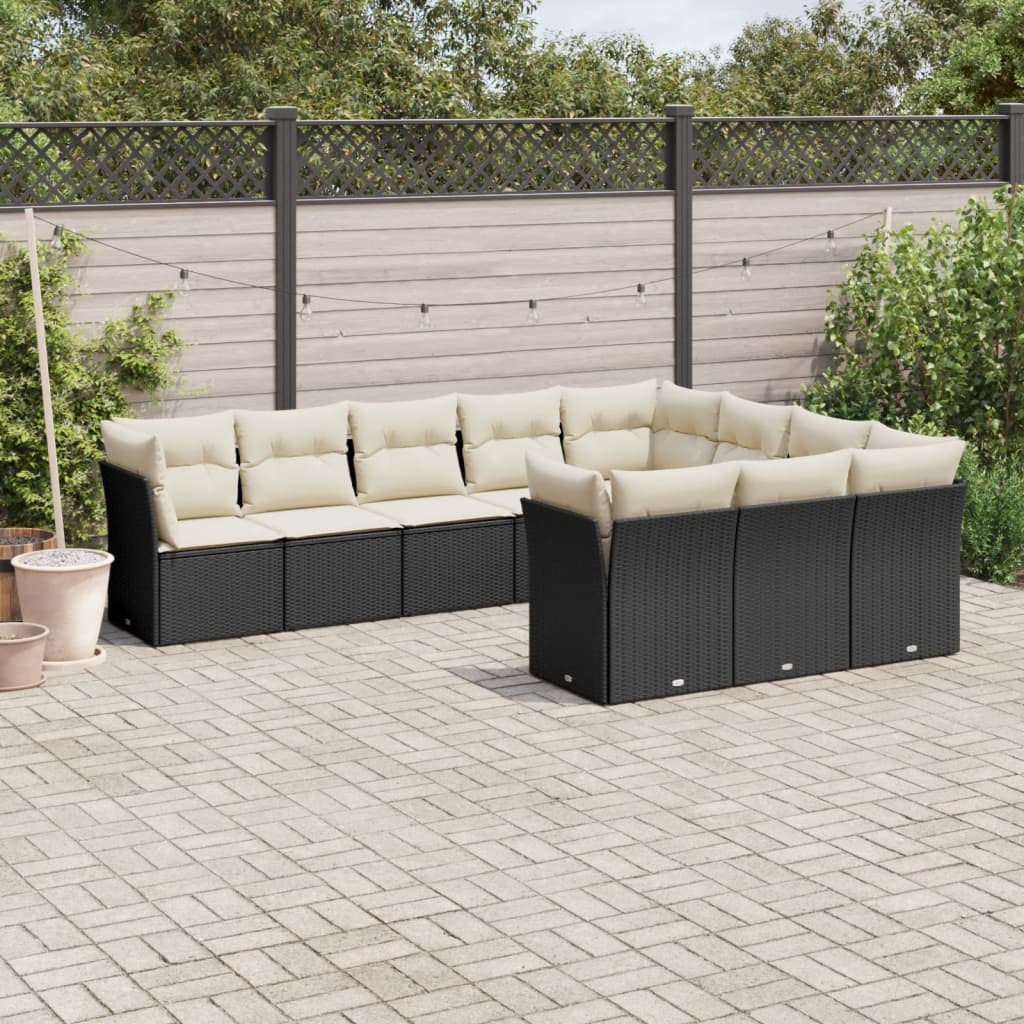 vidaXL 10-delige Loungeset met kussens poly rattan zwart