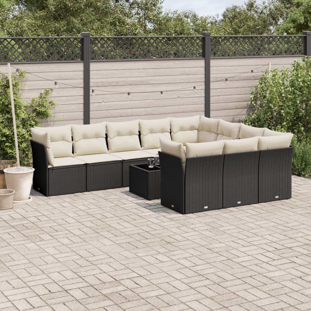 vidaXL 10-delige Loungeset met kussens poly rattan zwart