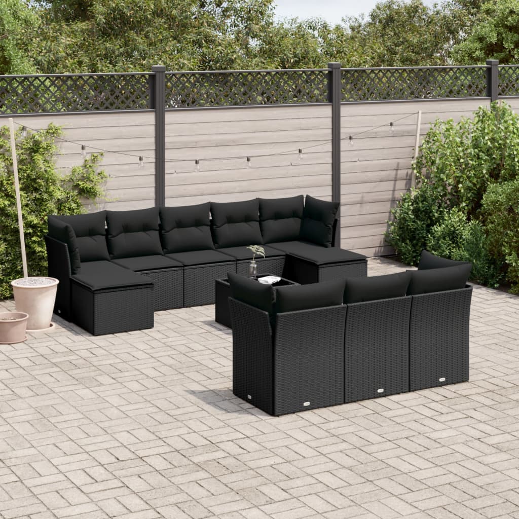 vidaXL 10-delige Loungeset met kussens poly rattan zwart