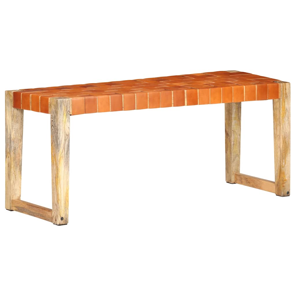 vidaXL Bench 110 cm Genuine Leather and Solid Mango Wood Brown