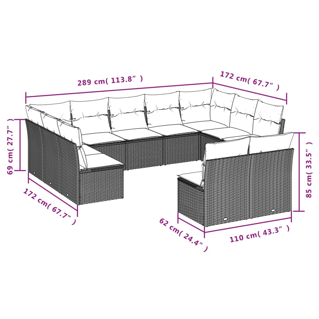 vidaXL 11-piece Garden Sofa Set with Cushions, Brown Poly Rattan