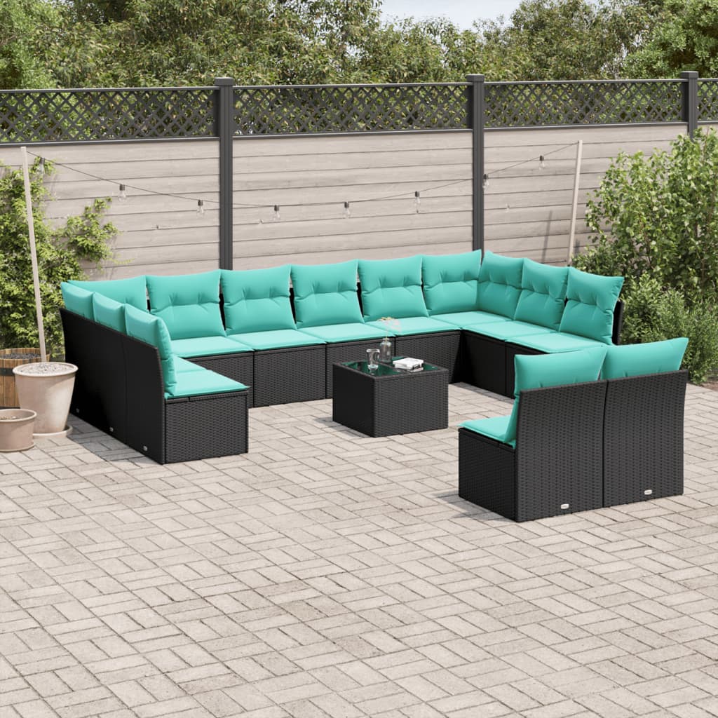 vidaXL 13-piece Garden Sofa Set with Cushions Black Poly Rattan