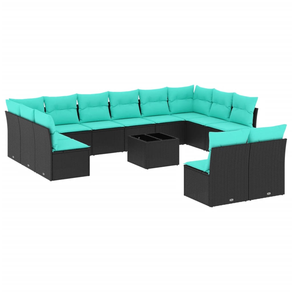 vidaXL 13-piece Garden Sofa Set with Cushions Black Poly Rattan