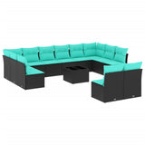 vidaXL 13-piece Garden Sofa Set with Cushions Black Poly Rattan