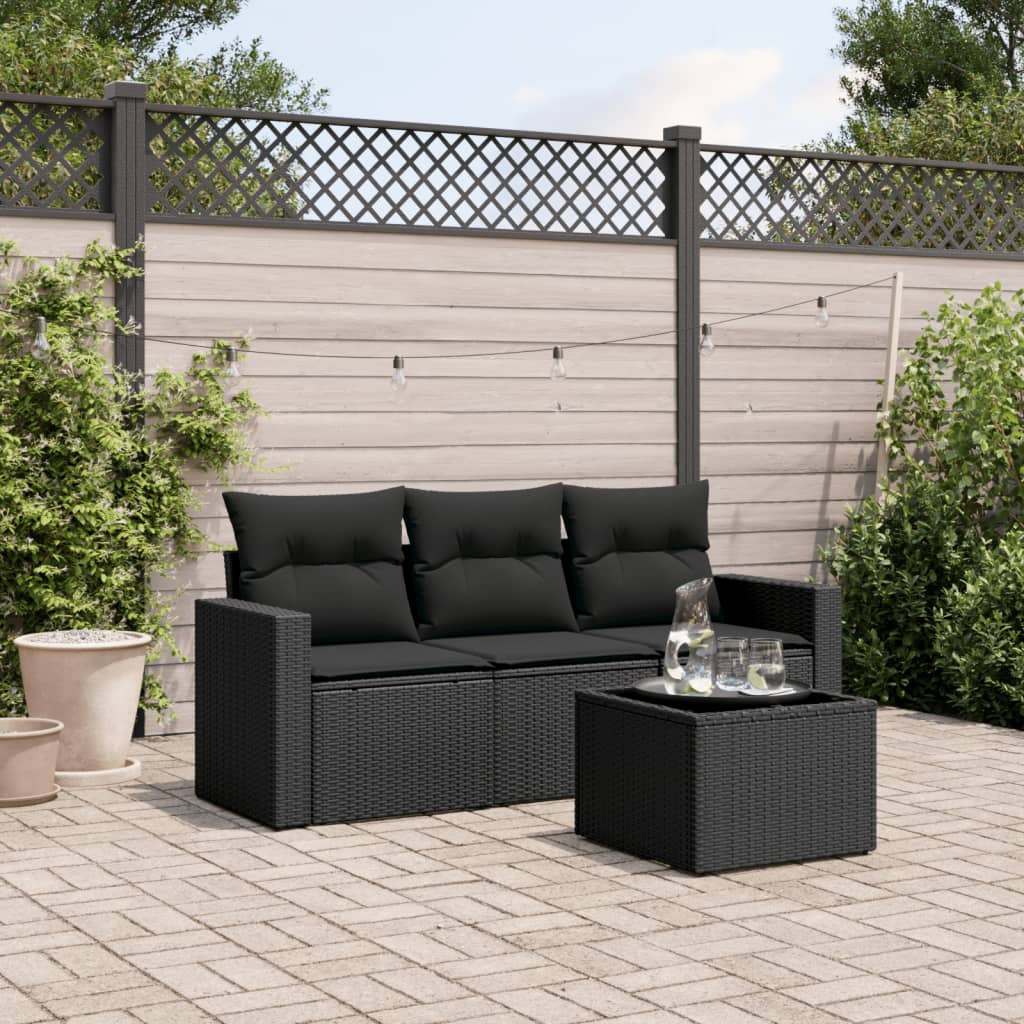 vidaXL 3-delige Loungeset met kussens poly rattan zwart