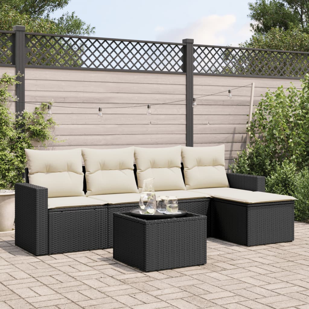 vidaXL 5-delige Loungeset met kussens poly rattan zwart