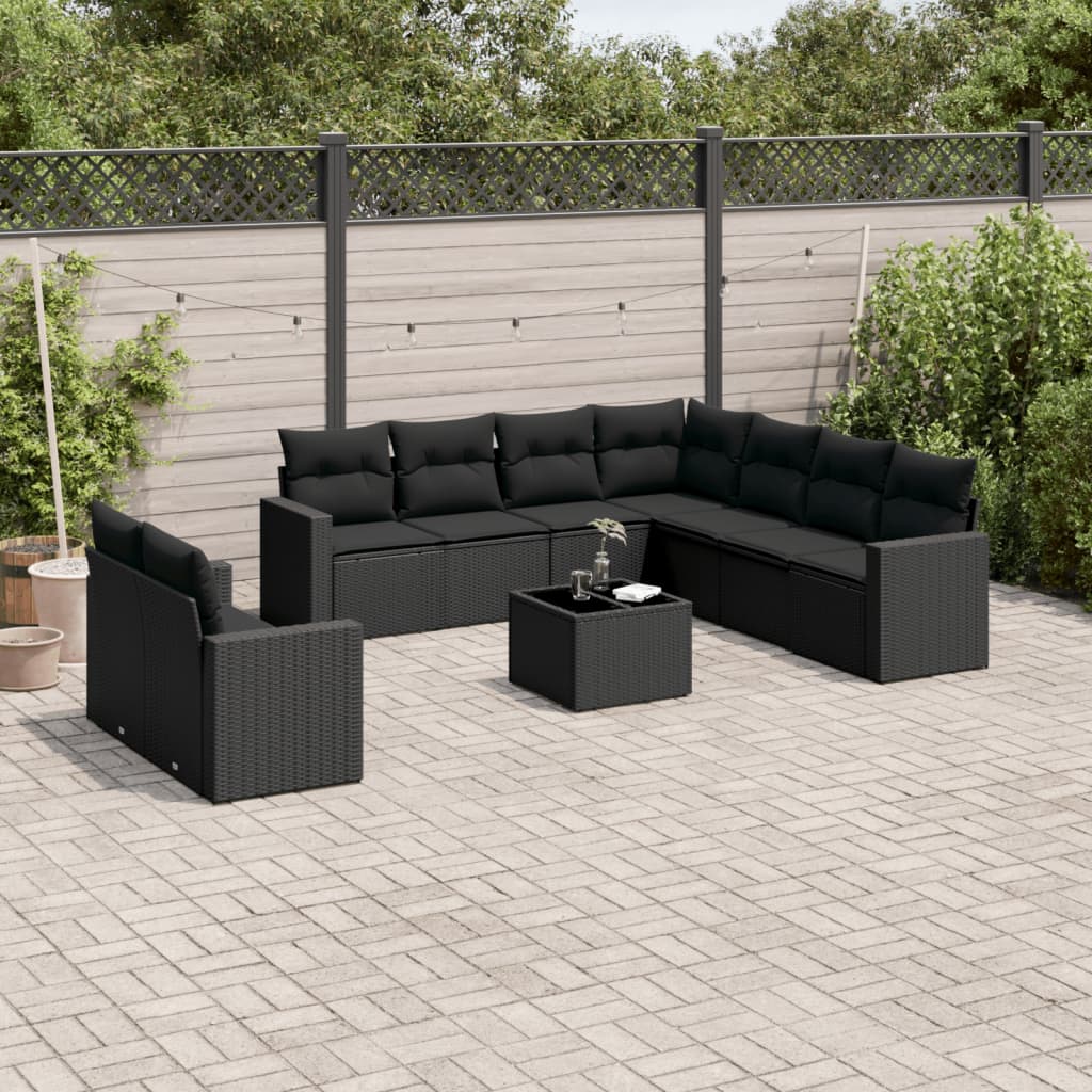vidaXL 9-delige Loungeset met kussens poly rattan zwart