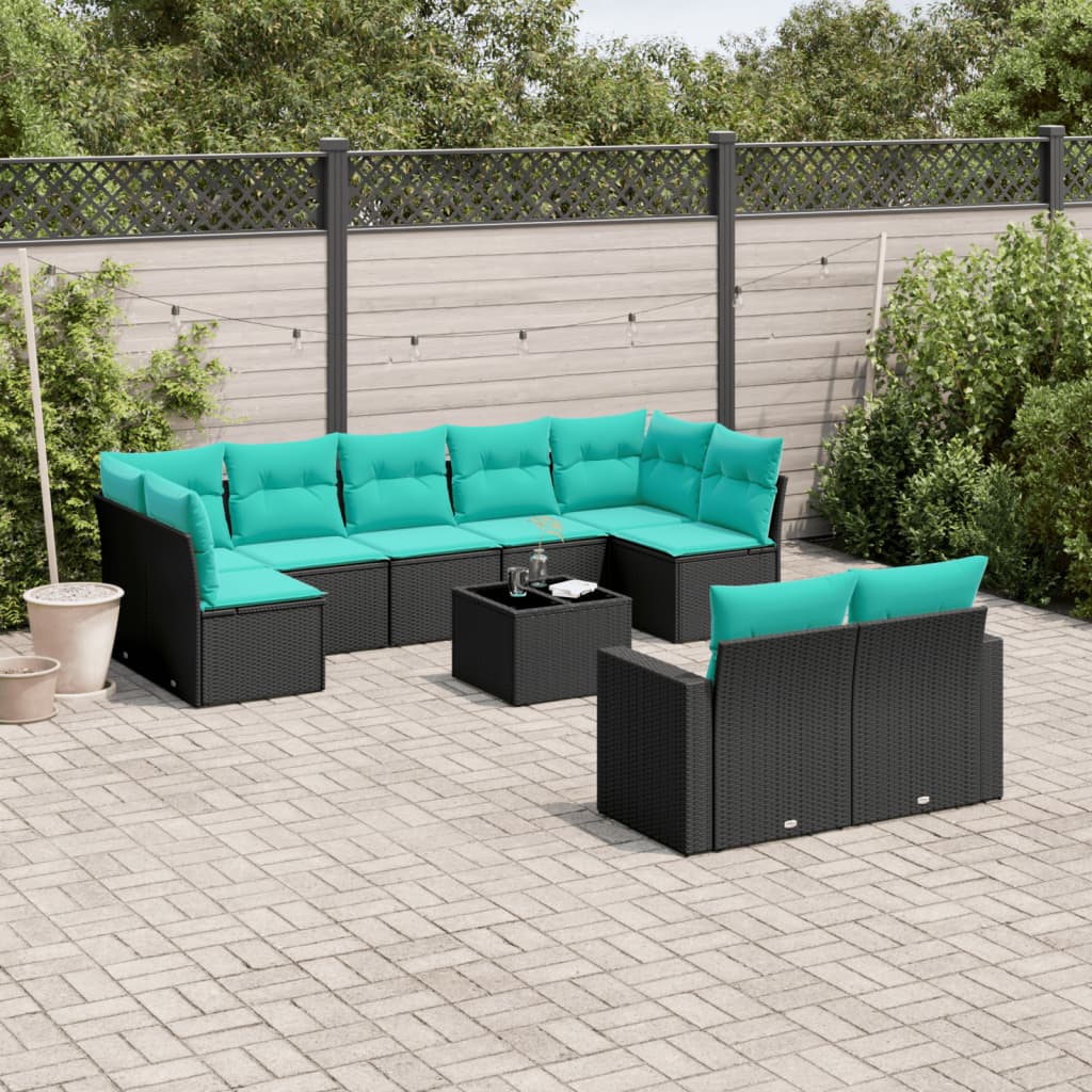 vidaXL 9-delige Loungeset met kussens poly rattan zwart