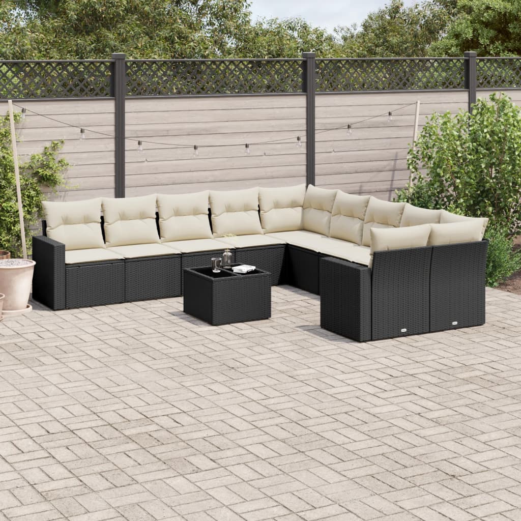 vidaXL 10-delige Loungeset met kussens poly rattan zwart