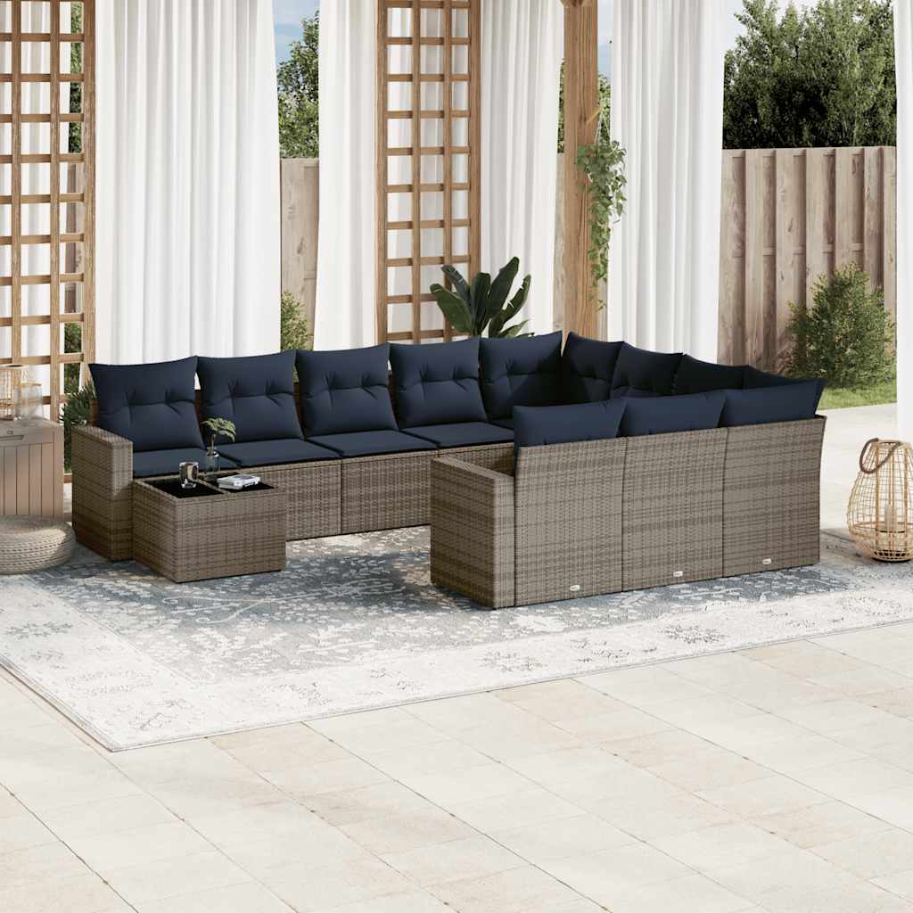 vidaXL 11-Piece Garden Lounge Set with Cushions, Black Poly Rattan