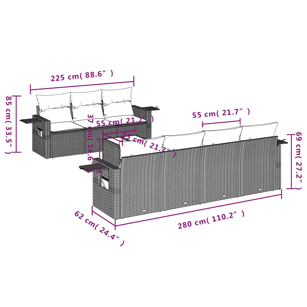 vidaXL 8-delige tuinbankset met kussens, zwart polyrotan